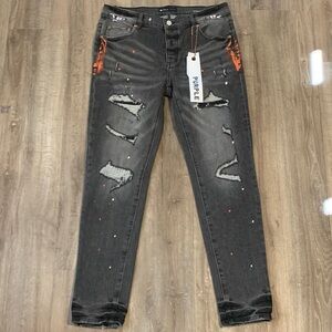 Purple Brand P001 Distressed Orange Paint Splatter Grey Jeans